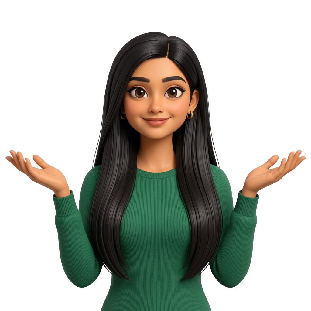 Illustrated Ayesha with long, straight hair and playful open hands